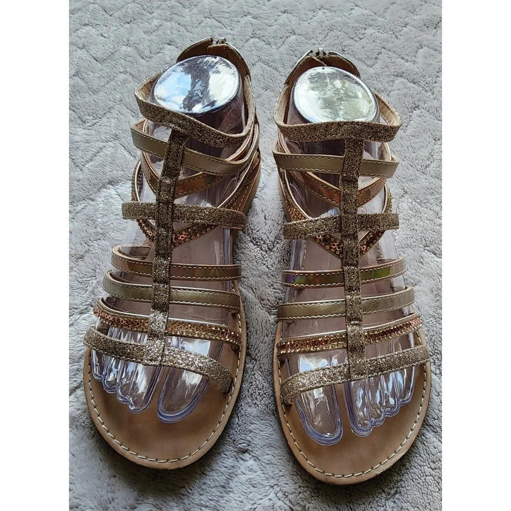 Olive & Edie Gold Strappy Gladiator Sandals Girls Size 5 Maya Glitter Iridescent